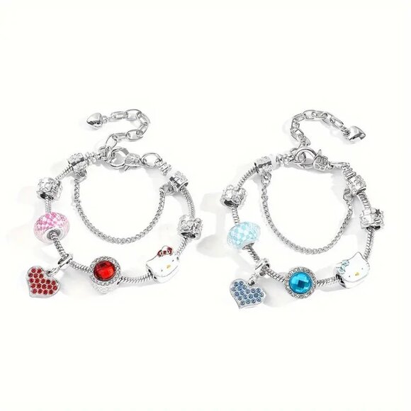 Charm Bracelet Hello Kitty Rhinestone Blue Red Double Emo Stylish Trendy Glam - Picture 2 of 6